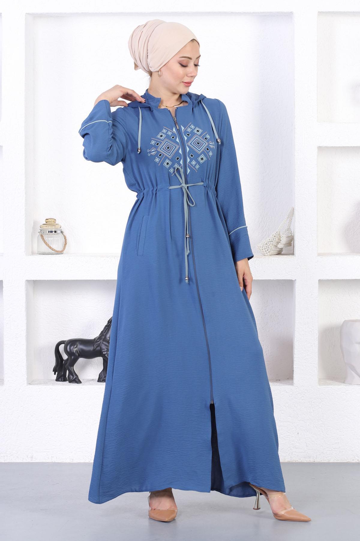 Modamihram-Bestickte Abaya mit Kapuze, Blau 12210 3