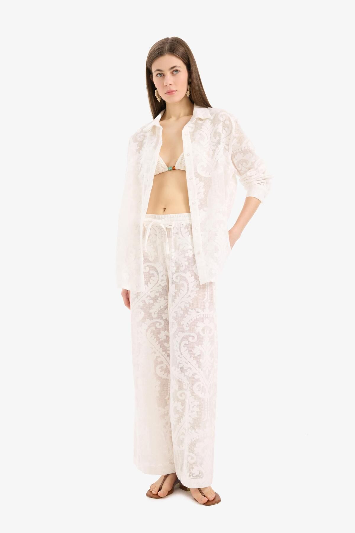 DeFacto-White Beach Pants with Lace and Elastic Waist-Fall in Love D9767Ax25Sm 2