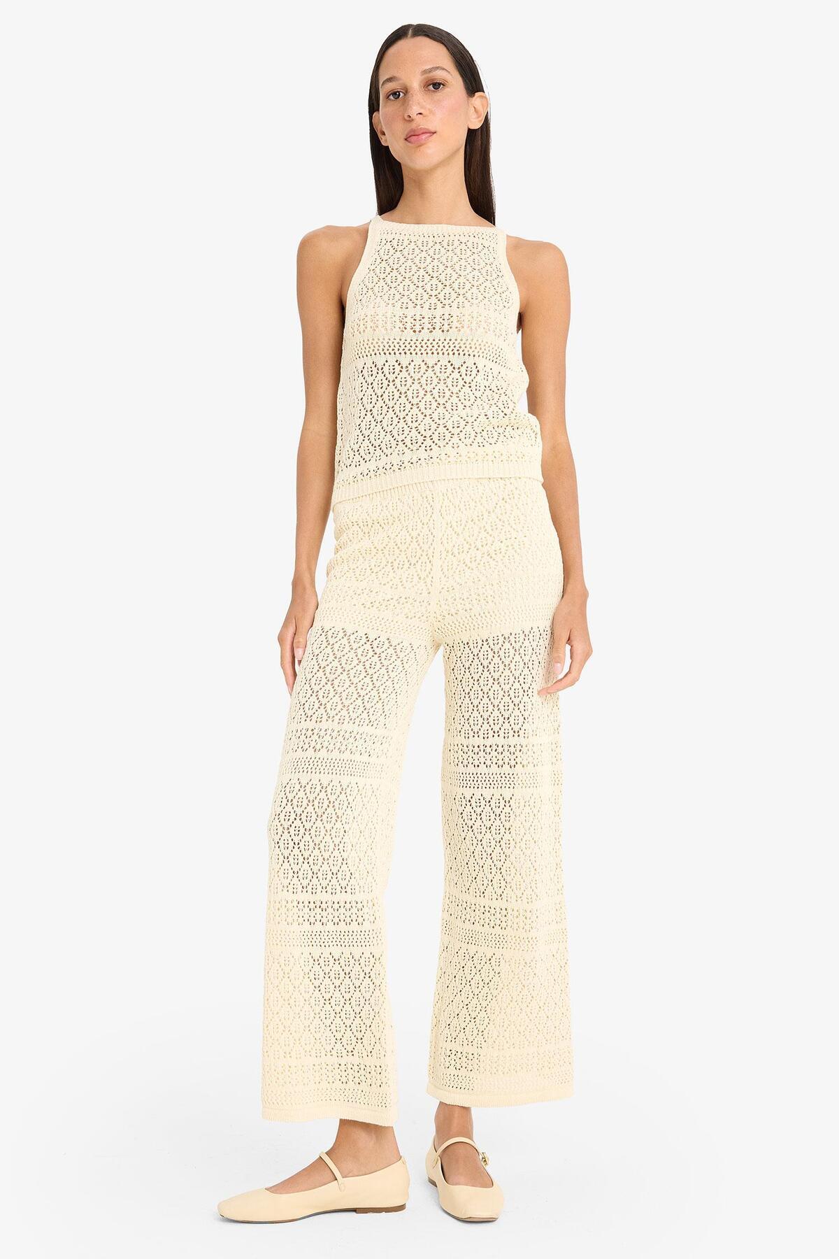 DeFacto-Wide Leg Wide Leg Openwork Knitwear Trousers F3777Ax25Sm 4