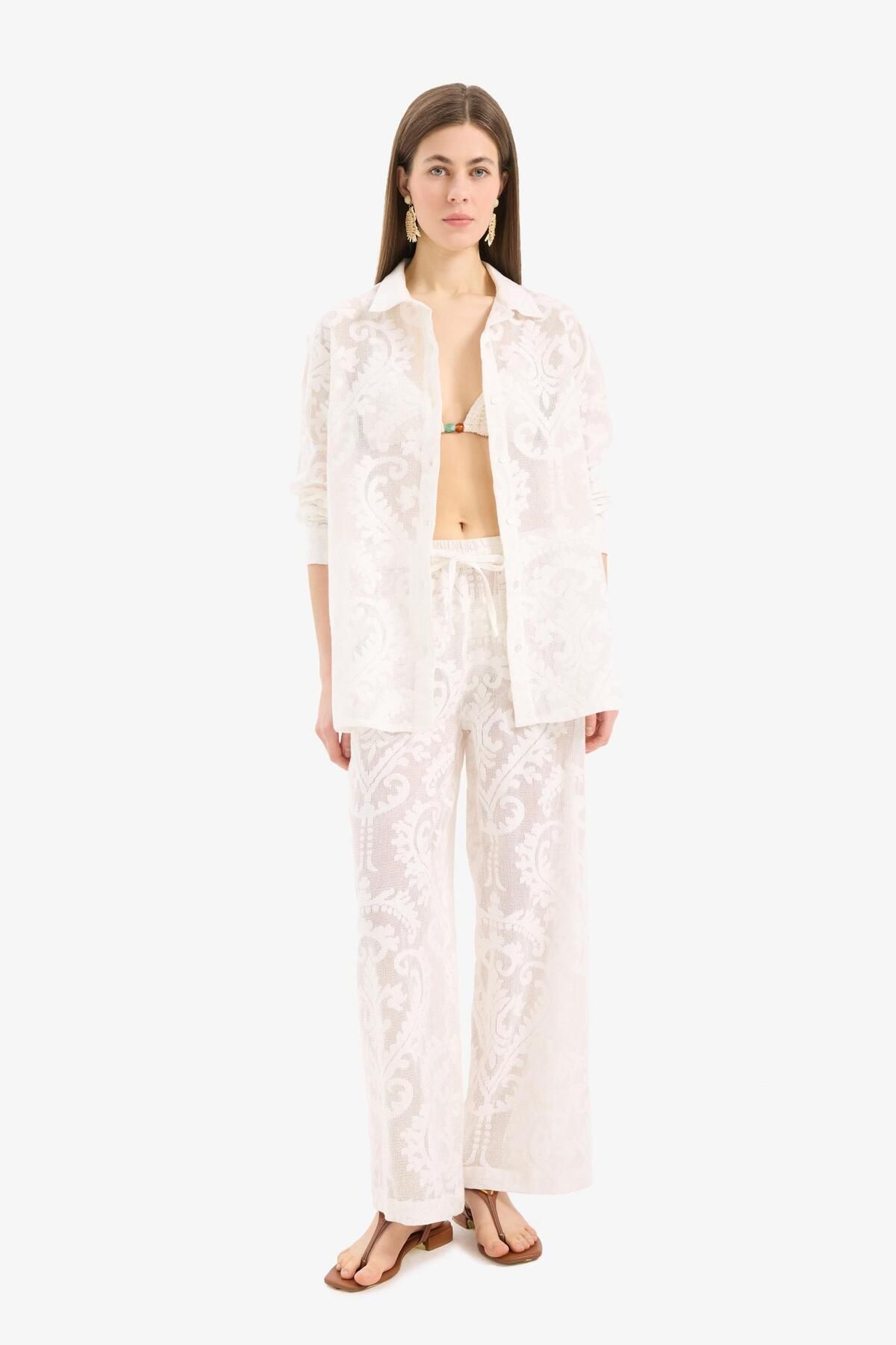 DeFacto-White Beach Pants with Lace and Elastic Waist-Fall in Love D9767Ax25Sm 3