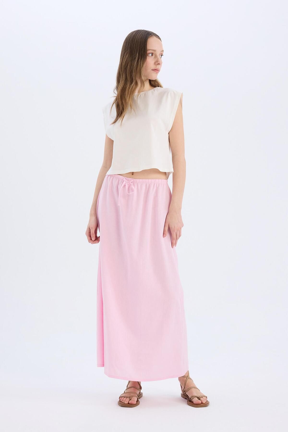 DeFacto-Coool A-Line Regular Waist Linen Blended Maxi Skirt D8274Ax25Sm 2