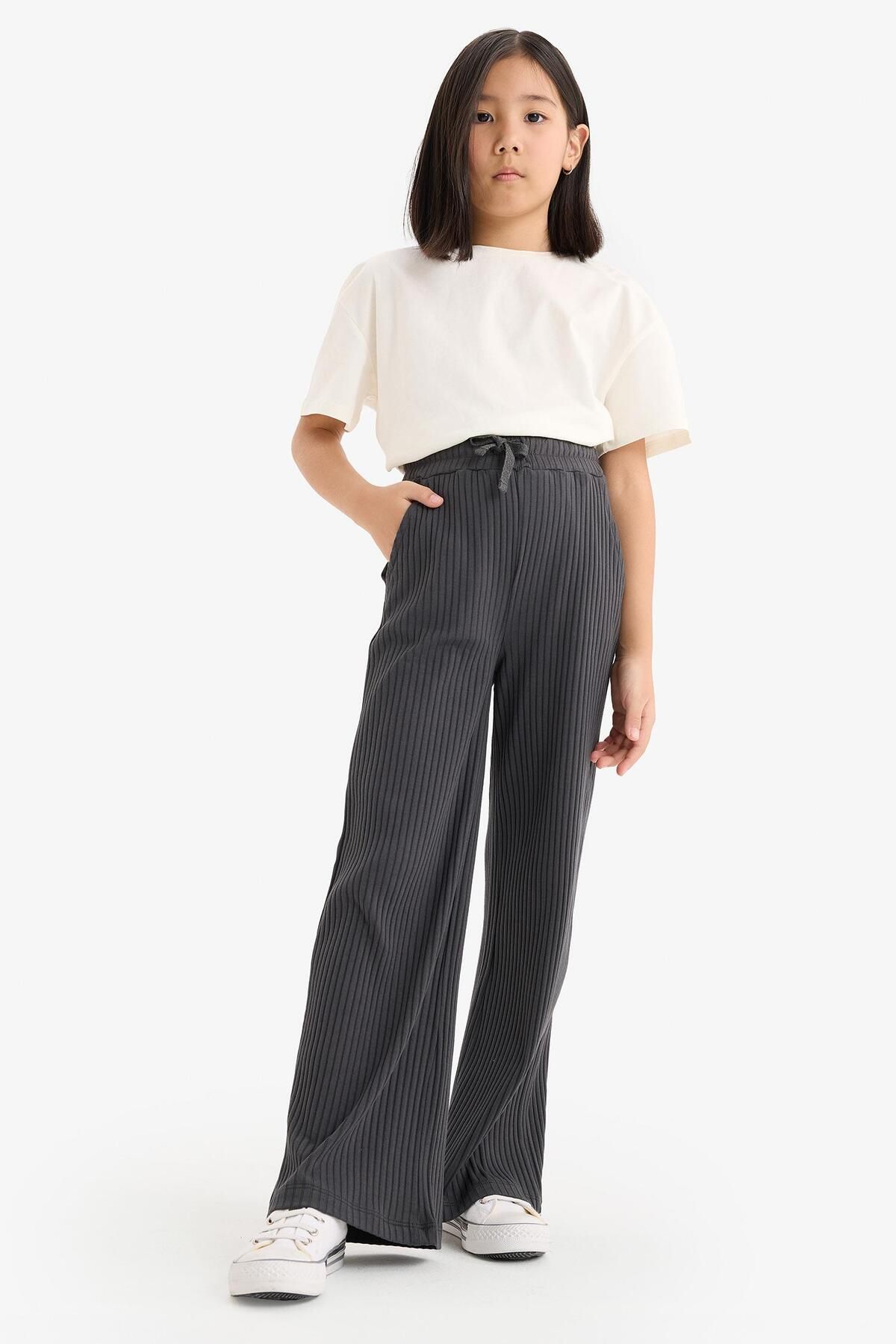 DeFacto-Pantaloni cu picior lat pentru fete, cu talie elastică, cu nervuri, cu picioare largi E1836A825SM 2