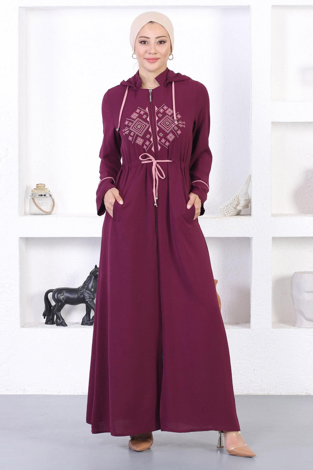 Modamihram-Abaya cu glugă brodata Prune 12210 1