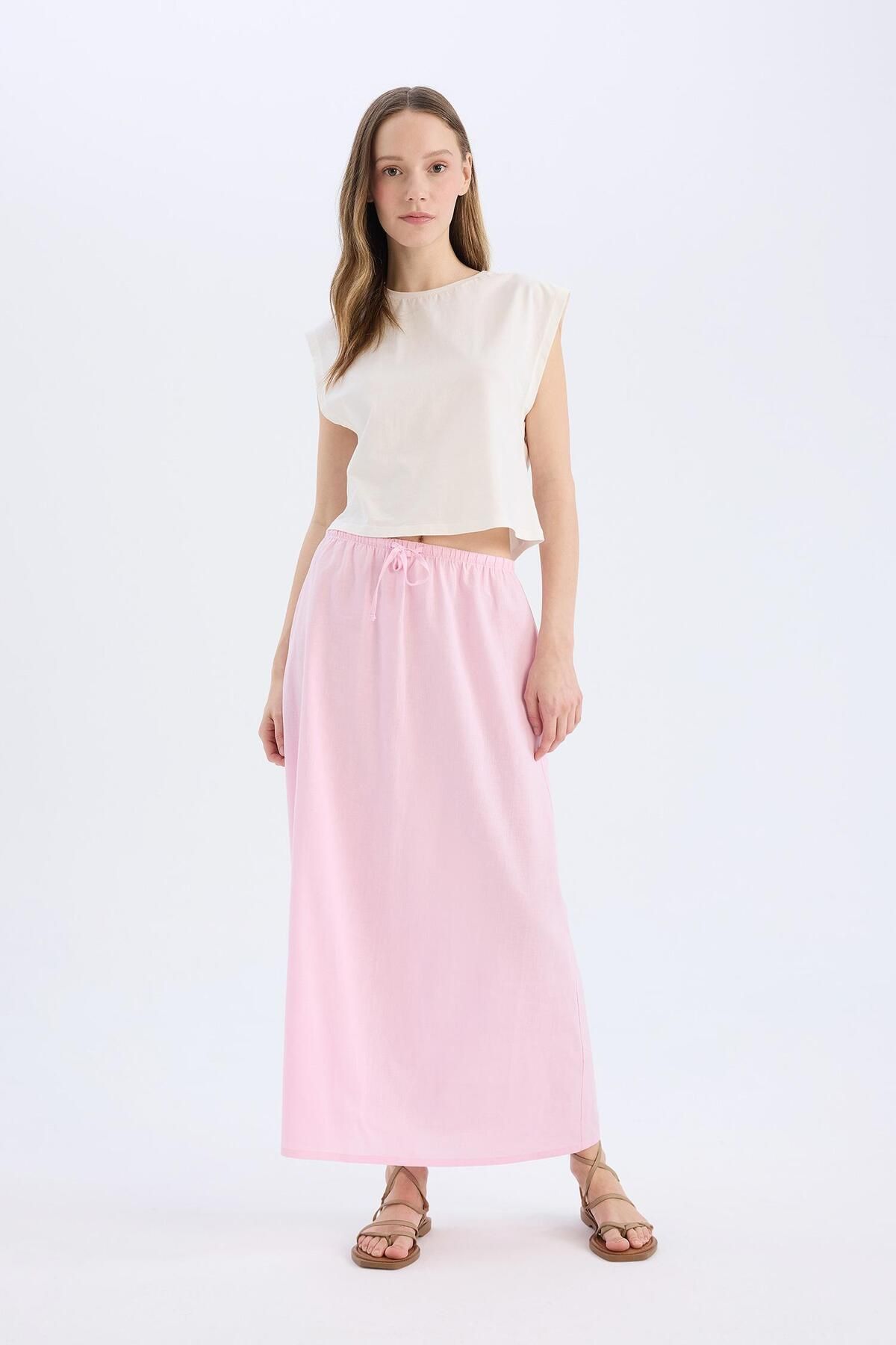 DeFacto-Coool A-Line Regular Waist Linen Blended Maxi Skirt D8274Ax25Sm 1