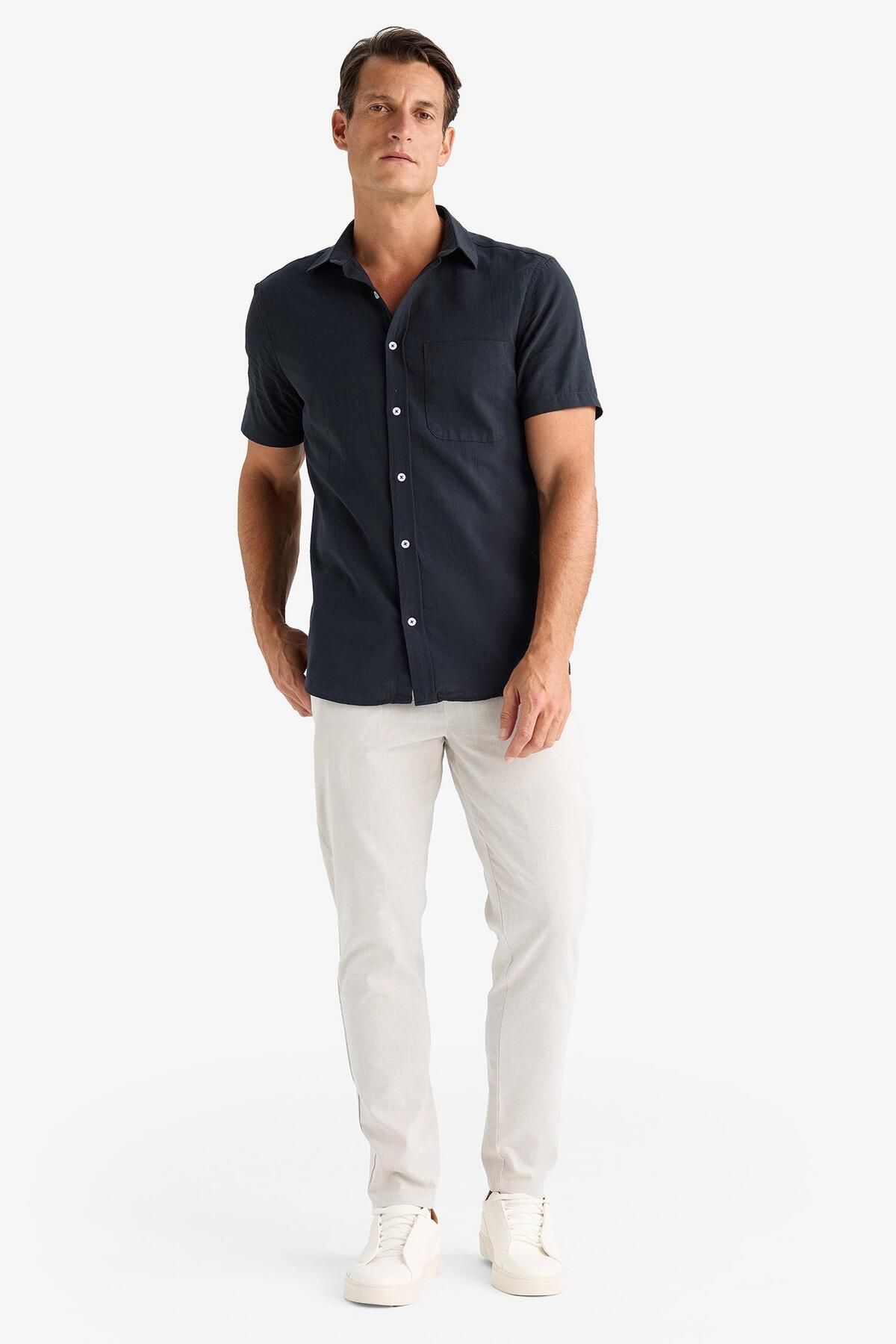 DeFacto-100% bumbac, aspect de in, pantaloni de jogger de vară, picioare înguste, talie cu șireturi, buzunare elastice Z6475AZ25SP 4