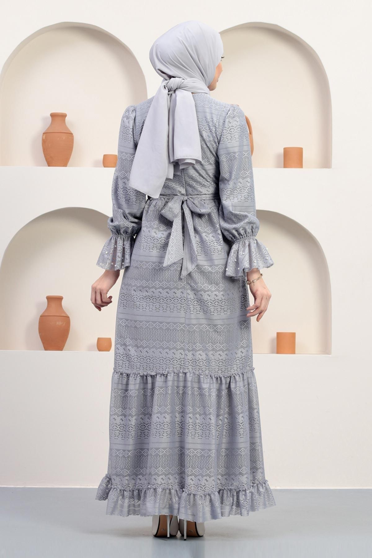 Modamihram-Pearl Detailed Lace Evening Dress Gray 12239 4