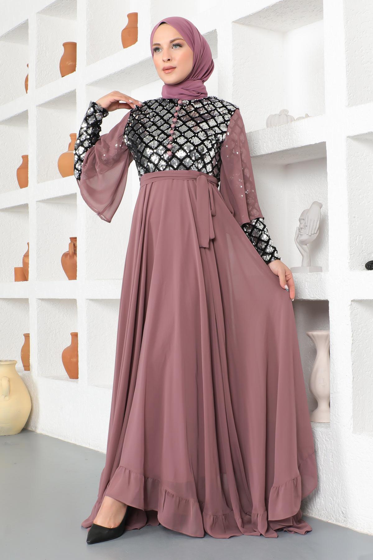 Modamihram-Sequined Chiffon Evening Dress Dusty Rose 19107 3