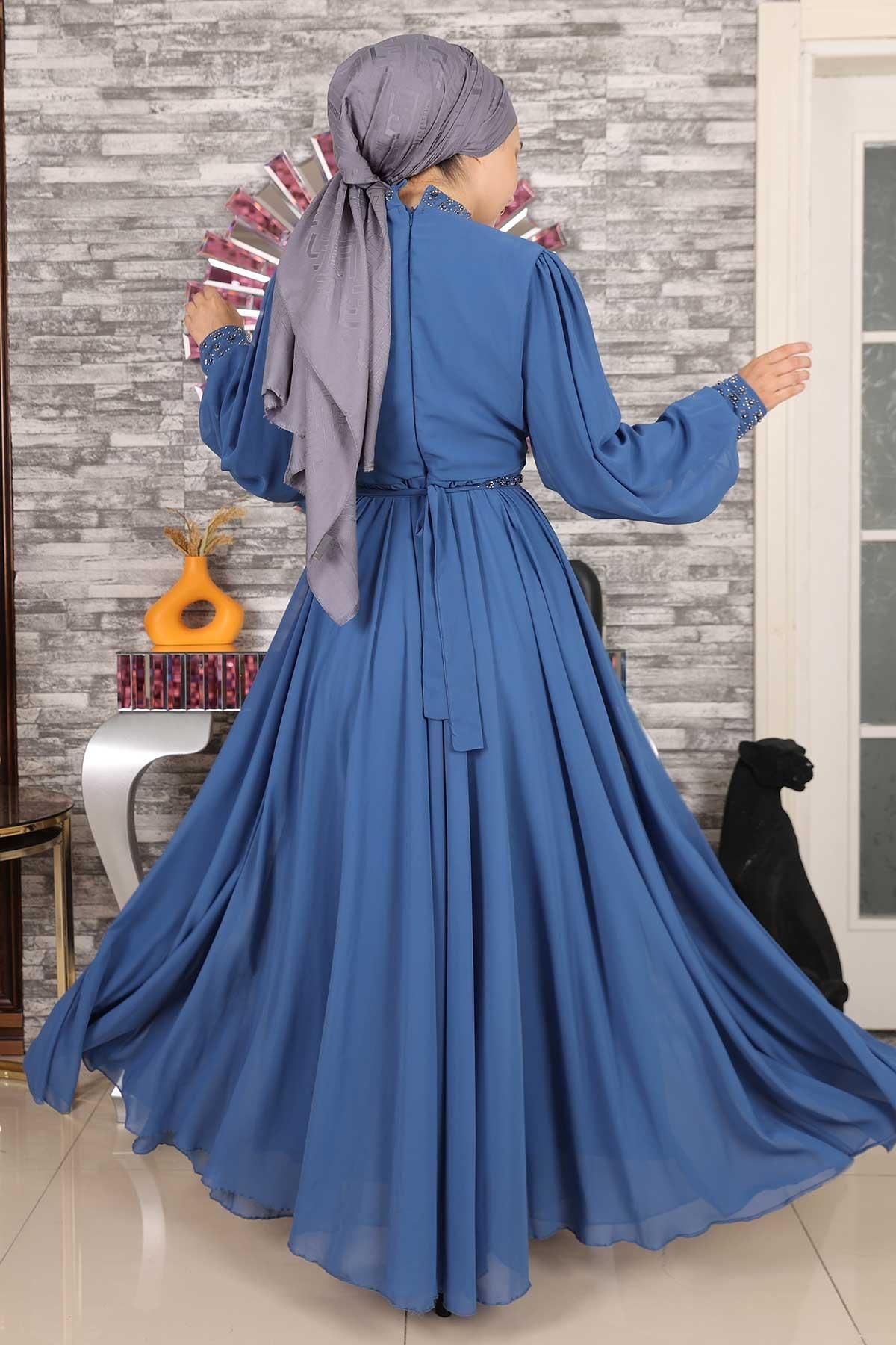 Modamihram-Stone Detailed Chiffon Evening Dress Indigo 19109 5