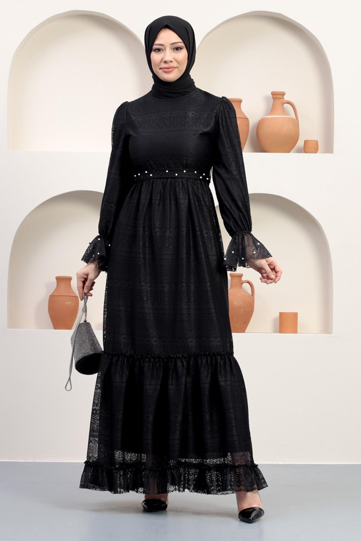 Modamihram Suknia wieczorowa z koronką i perłami w kolorze czarnym 12239