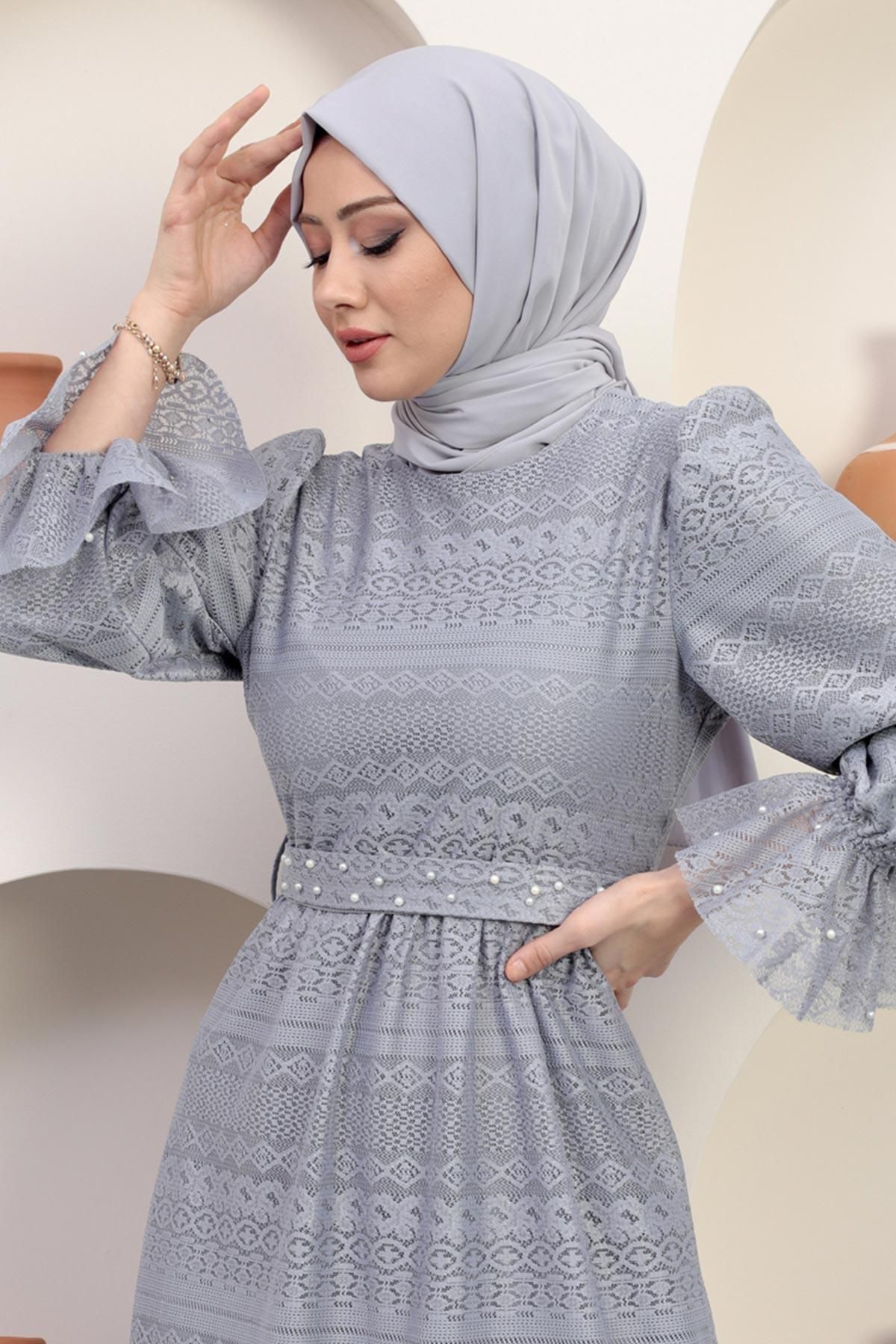 Modamihram-Pearl Detailed Lace Evening Dress Gray 12239 2