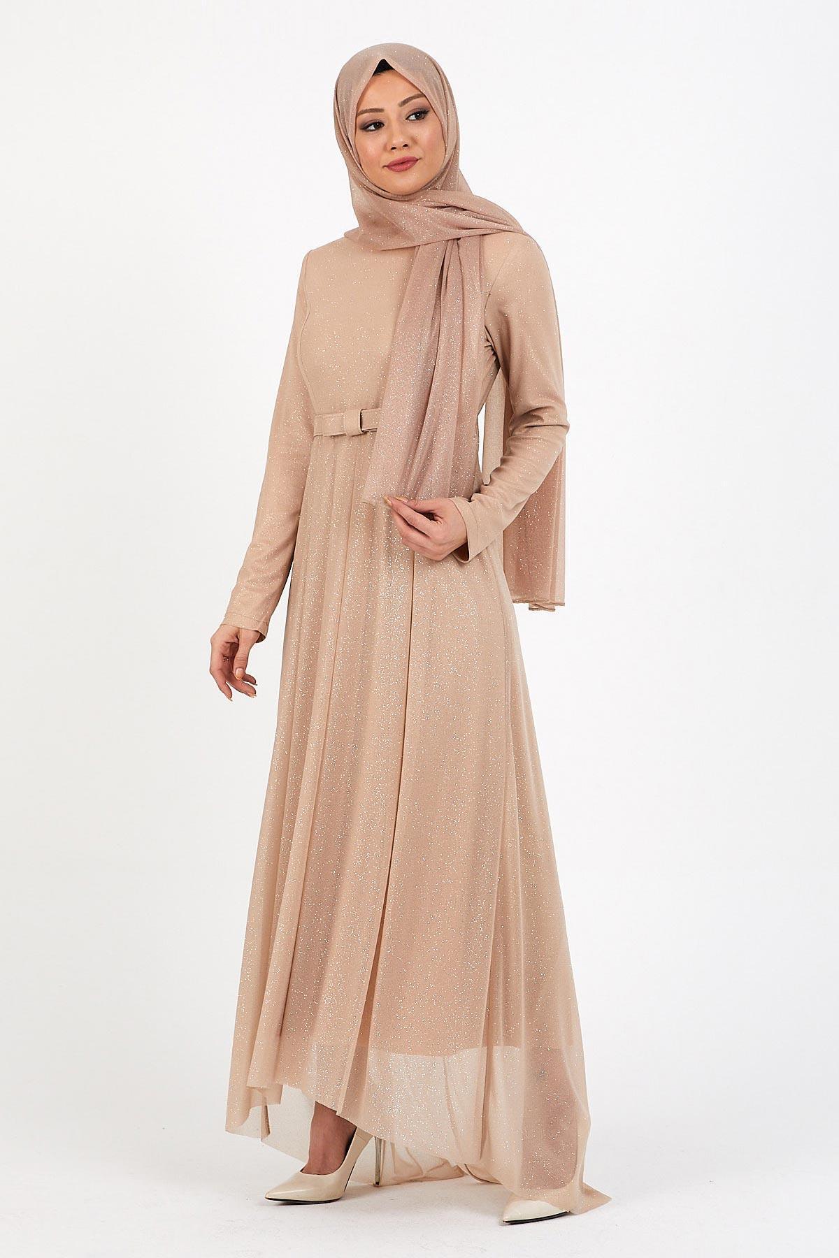 Modamihram-Silvery Pleated Evening Dress Mink 12240 3