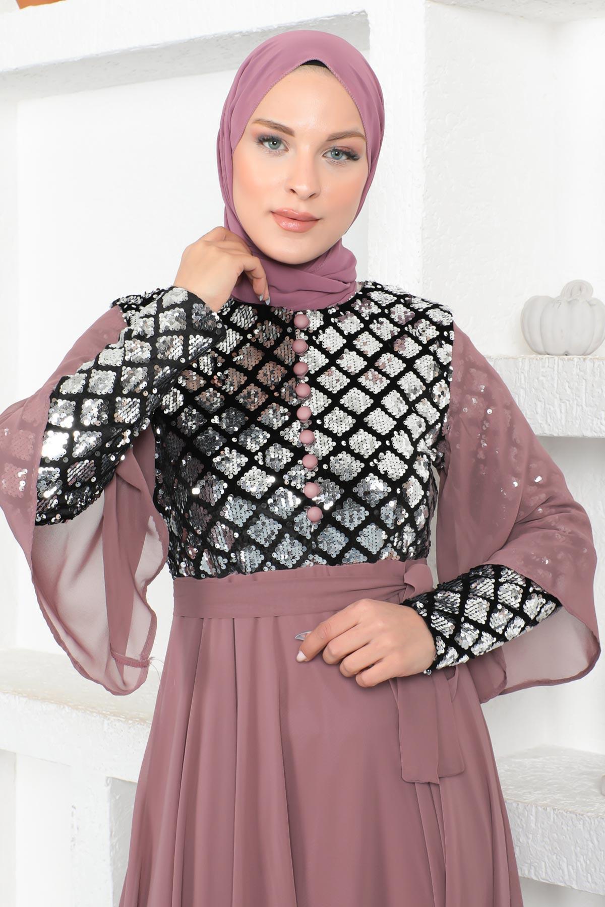 Modamihram-Sequined Chiffon Evening Dress Dusty Rose 19107 2