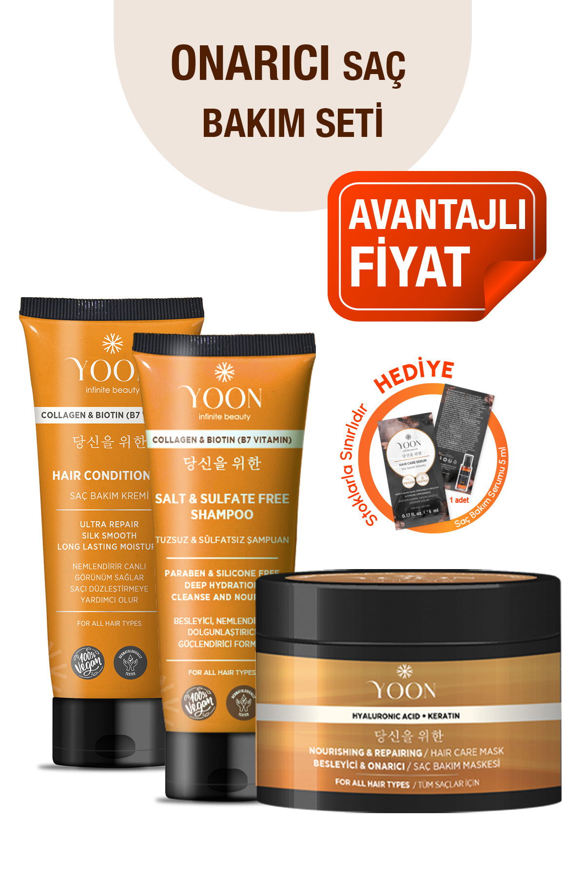 YOON 3'lü Onarıcı Saç Bakım Seti, Tuzsuz Şampuan 250ml, Saç Bakım Kremi 200ml, Saç Bakım Maskesi 250ml — Y-8303133