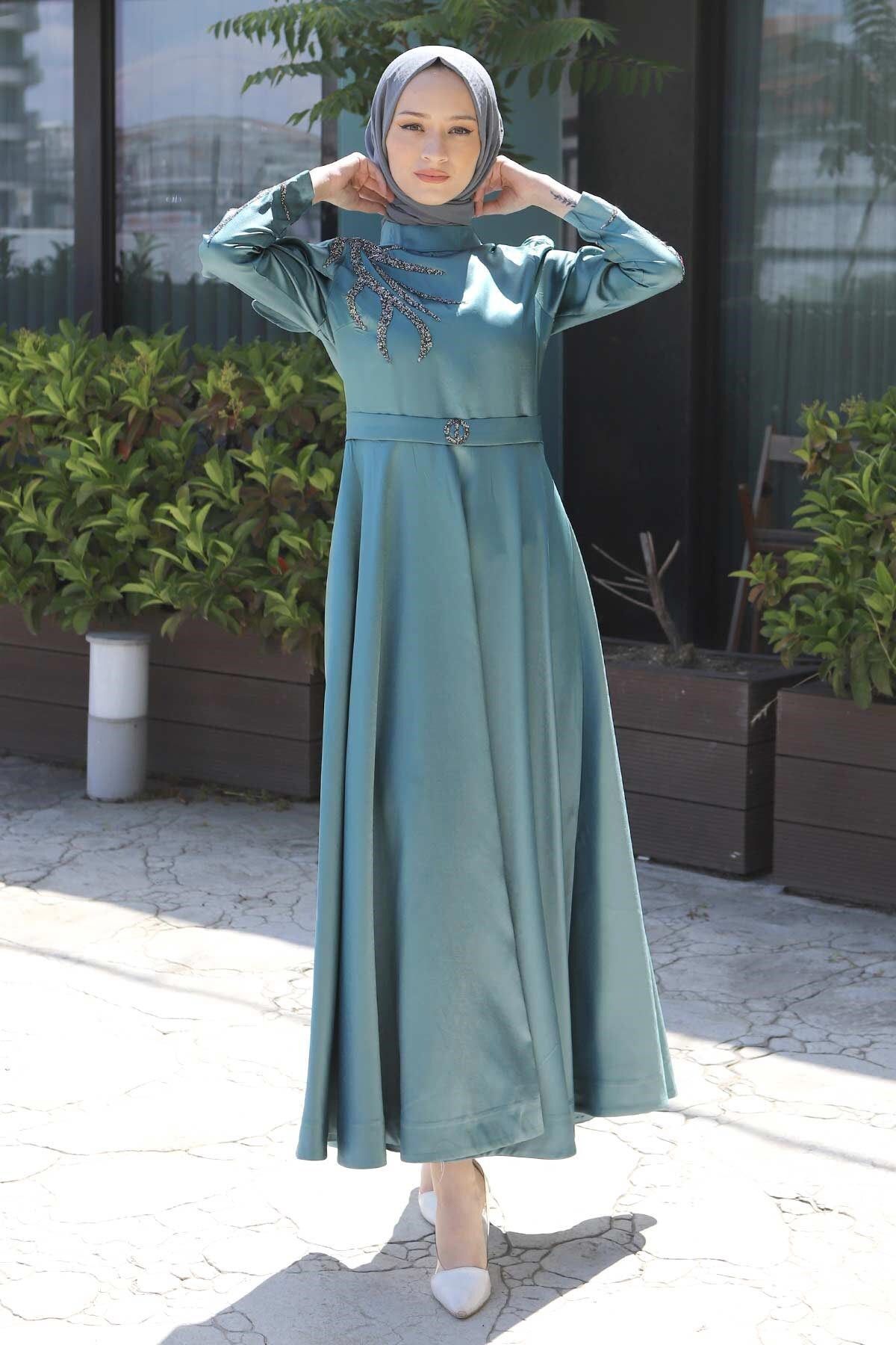 Modamihram-Abendkleid mit Stoned Burnout-Muster Mint 11403 4