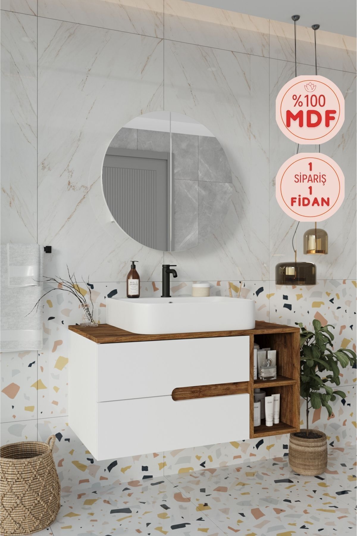 BALNEOM Koza Beyaz 90 Cm %100 Mdf Lavabolu Banyo Dolabı Ayna Lavabo