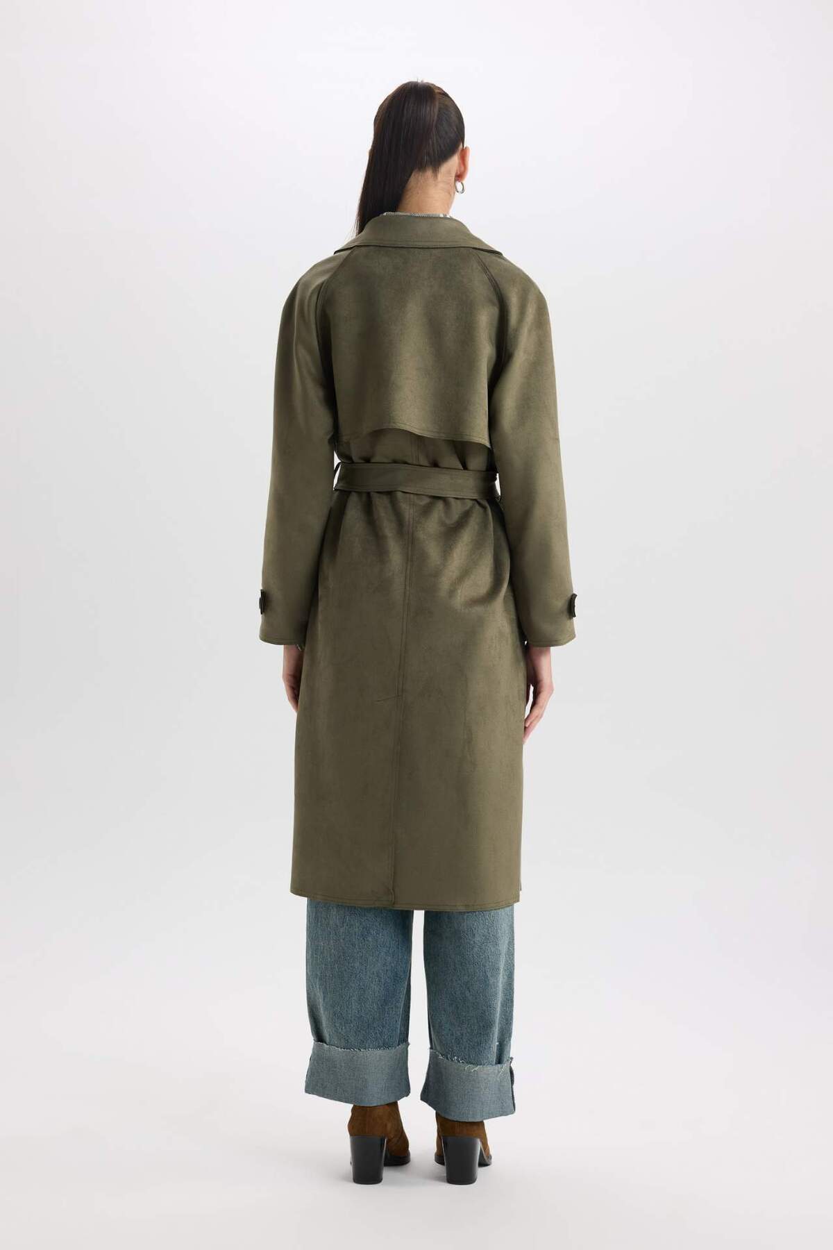 DeFacto-Normale Passform, Smoking-Revers, langer Wildleder-Trenchcoat mit Gürteltasche D5799AX25SP 6