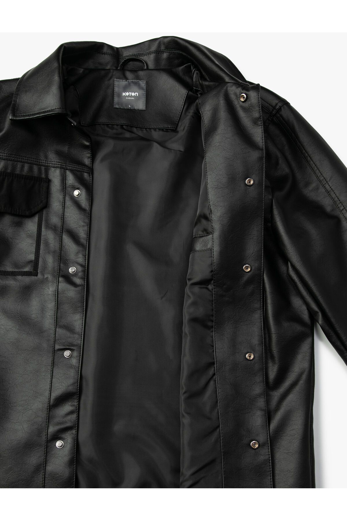 Koton-Leather Look Jacket with Flap Double Pockets Classic Collar with Snap Buttons 7