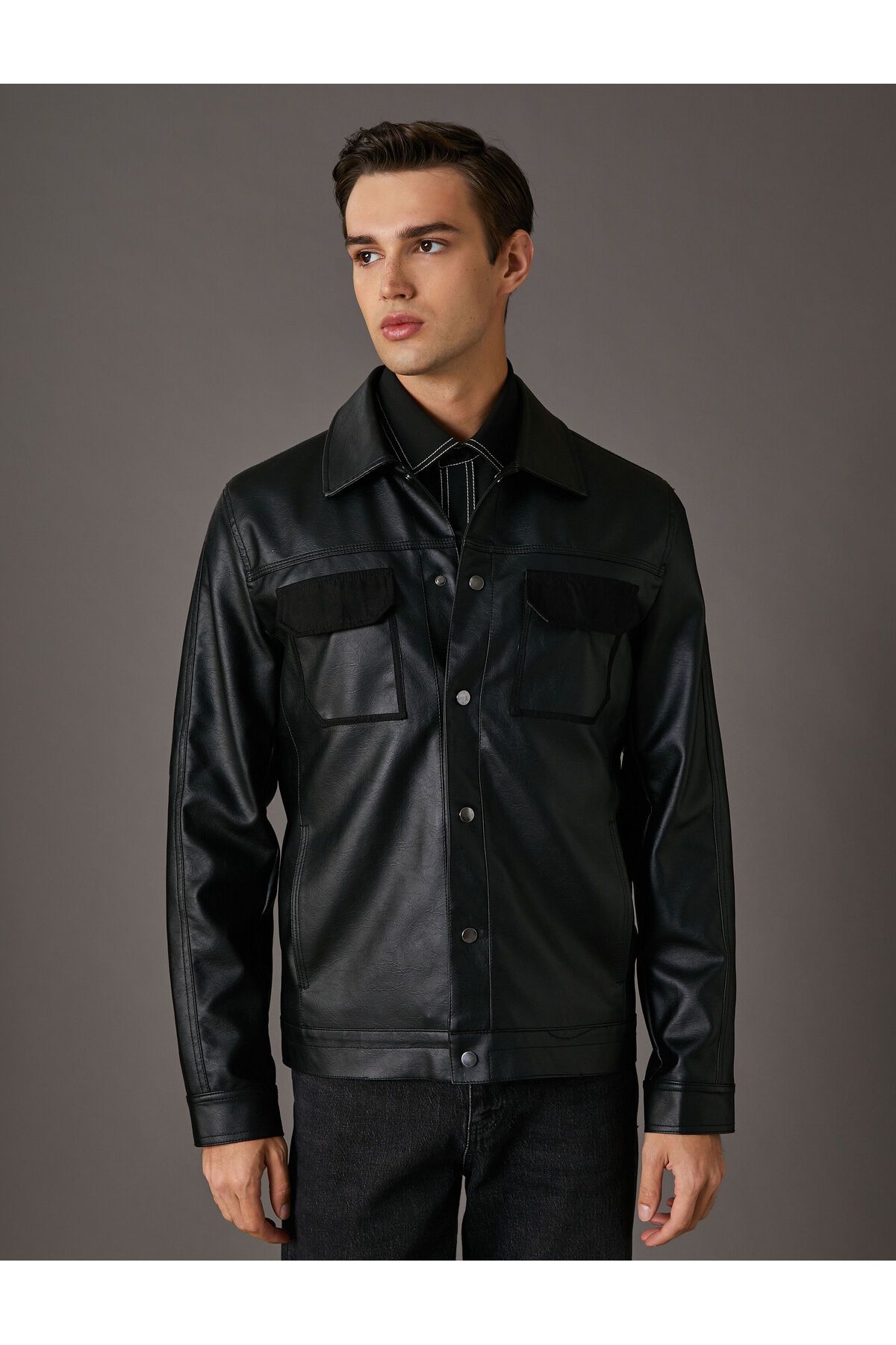 Koton-Leather Look Jacket with Flap Double Pockets Classic Collar with Snap Buttons 4