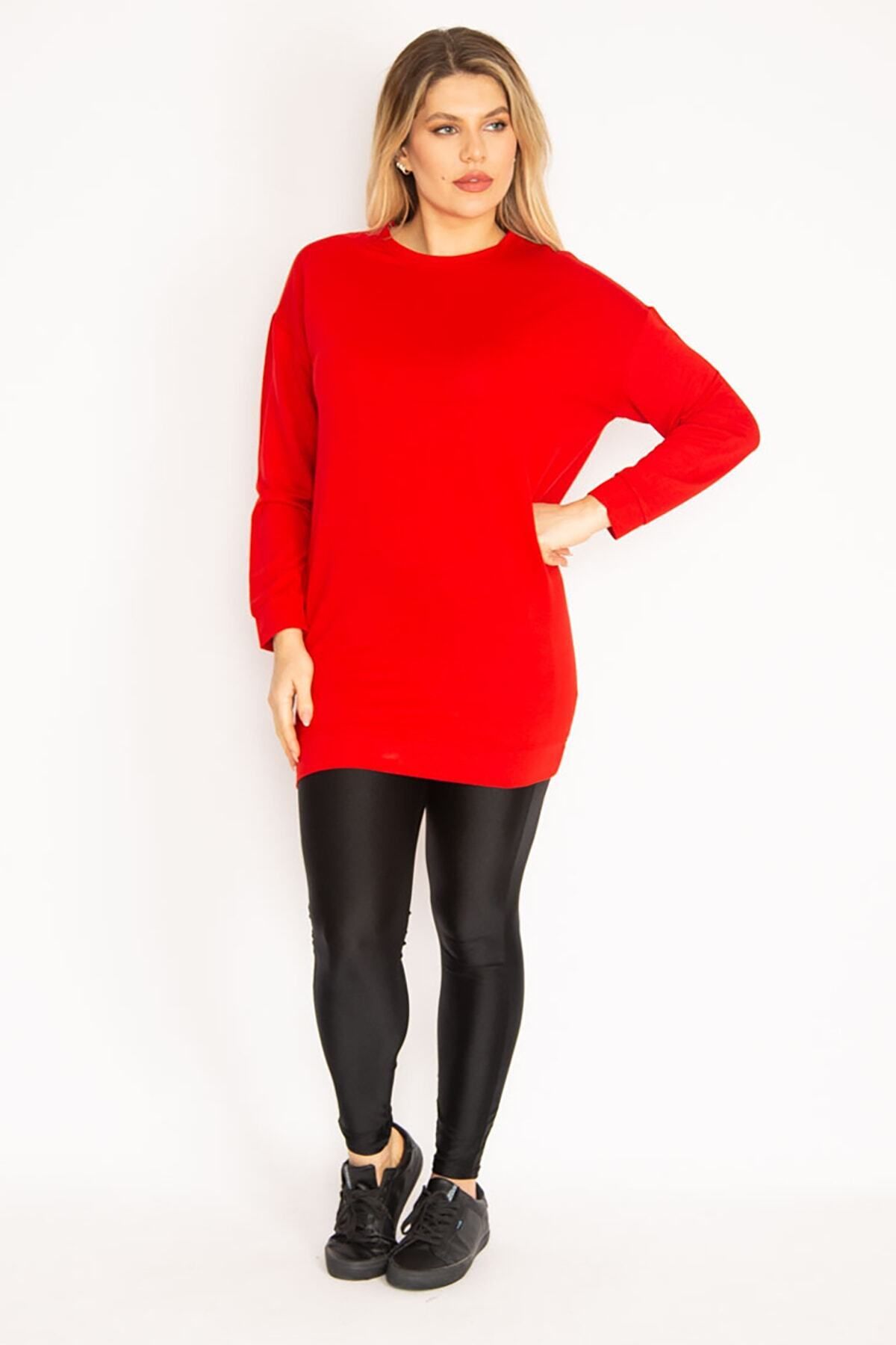 Şans-Women's Large Size Red Tunic with Banded Sleeves and Hem 65n31035 7