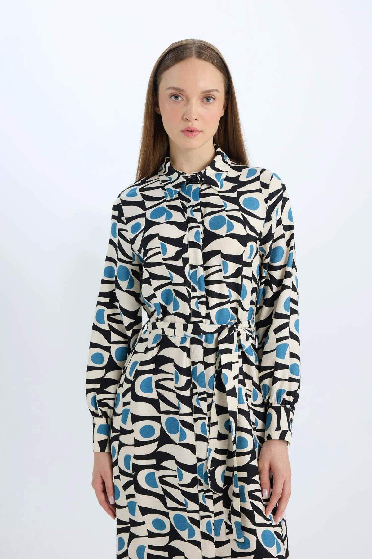DeFacto-Rochie maxi hijab cu mânecă lungă, cu model de guler de cămașă, cu centură E1266AX25SP 7