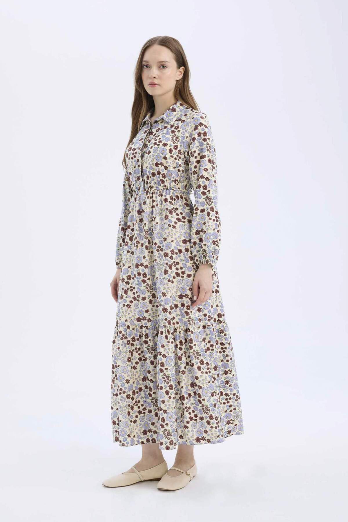 DeFacto-Langärmliges Maxi-Hijab-Kleid mit Hemdkragenmuster E5248AX25SP 3