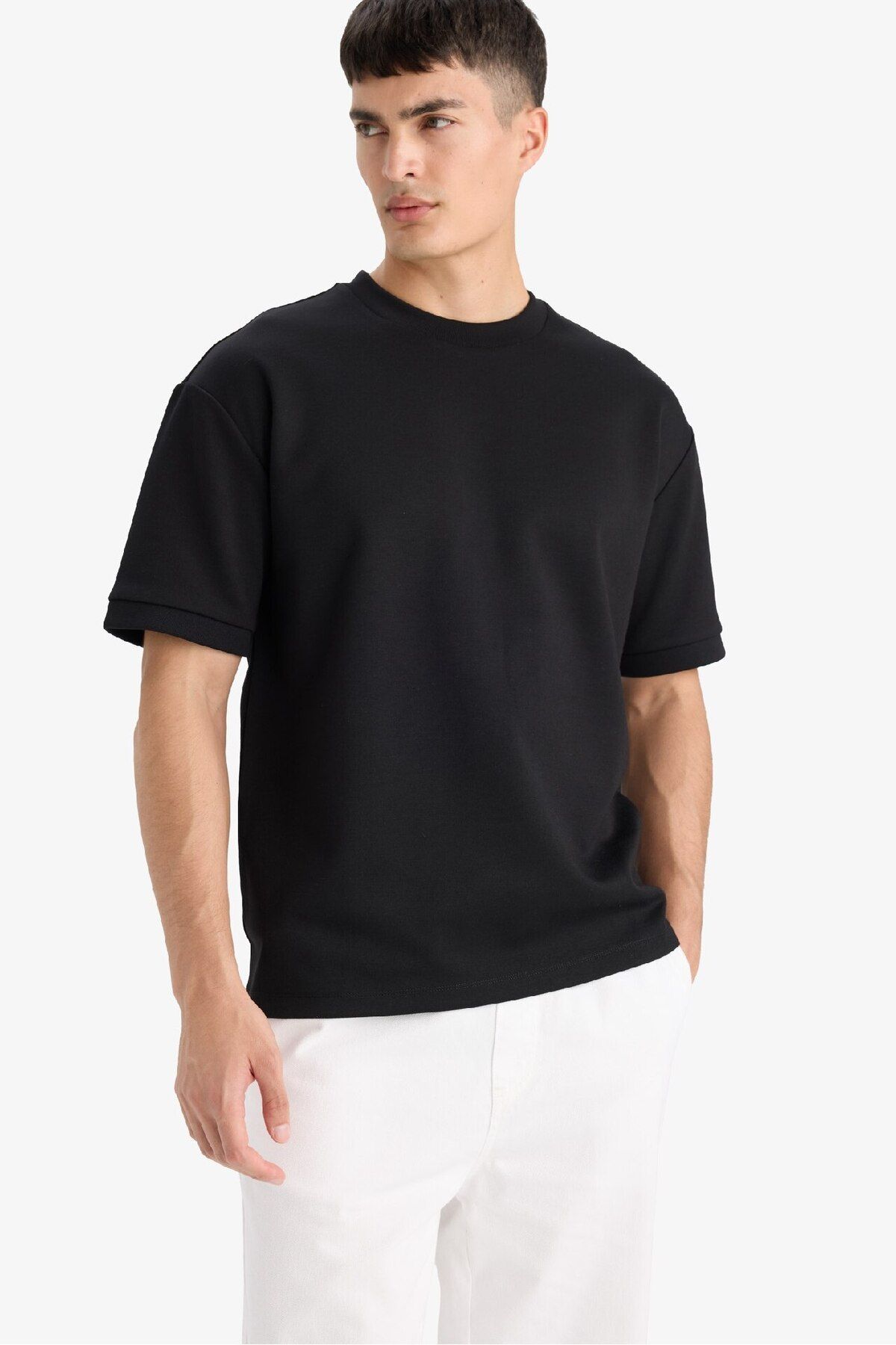 DeFacto-Oversize Wide Fit Crew Neck Basic Απλό κοντομάνικο βαρύ ύφασμα μαύρο μπλουζάκι B6494AX25SP 4