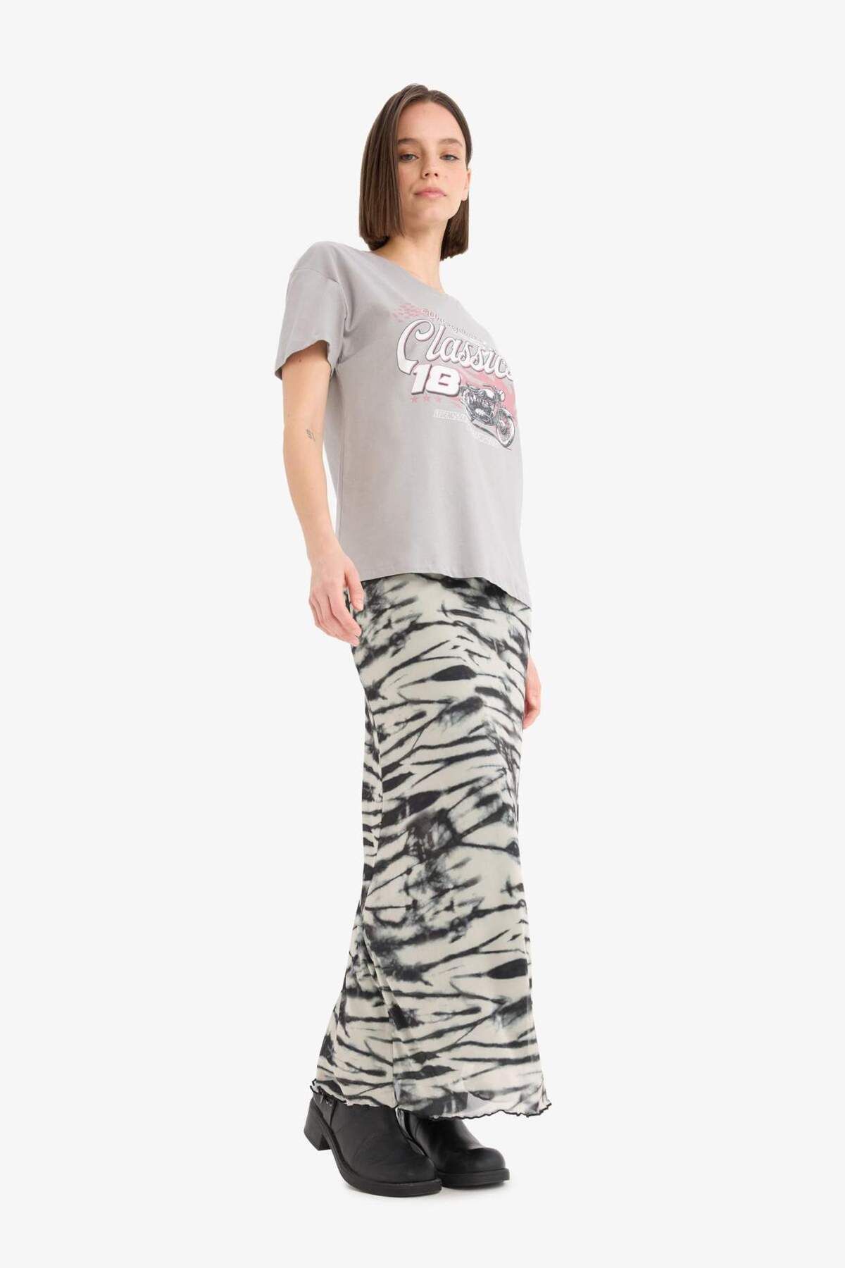 DeFacto-Coool A-Line Print High Waist Combed Cotton Lining Tulle Maxi Skirt D7077Ax25Sp 4