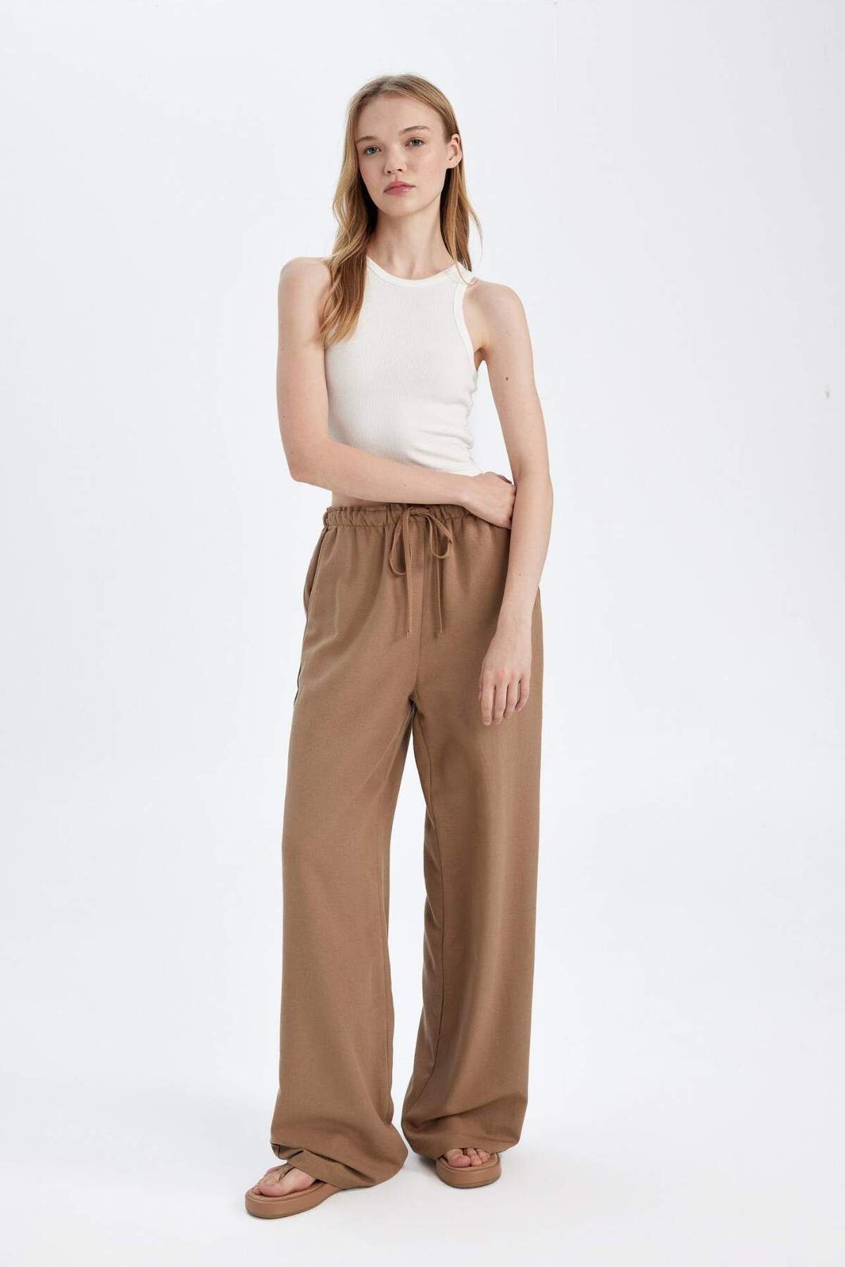 DeFacto-Linen Blend Pants Wide Leg Wide Loose Leg Three Pockets Regular Waist Basic Straight Standard Size C4545Ax 3
