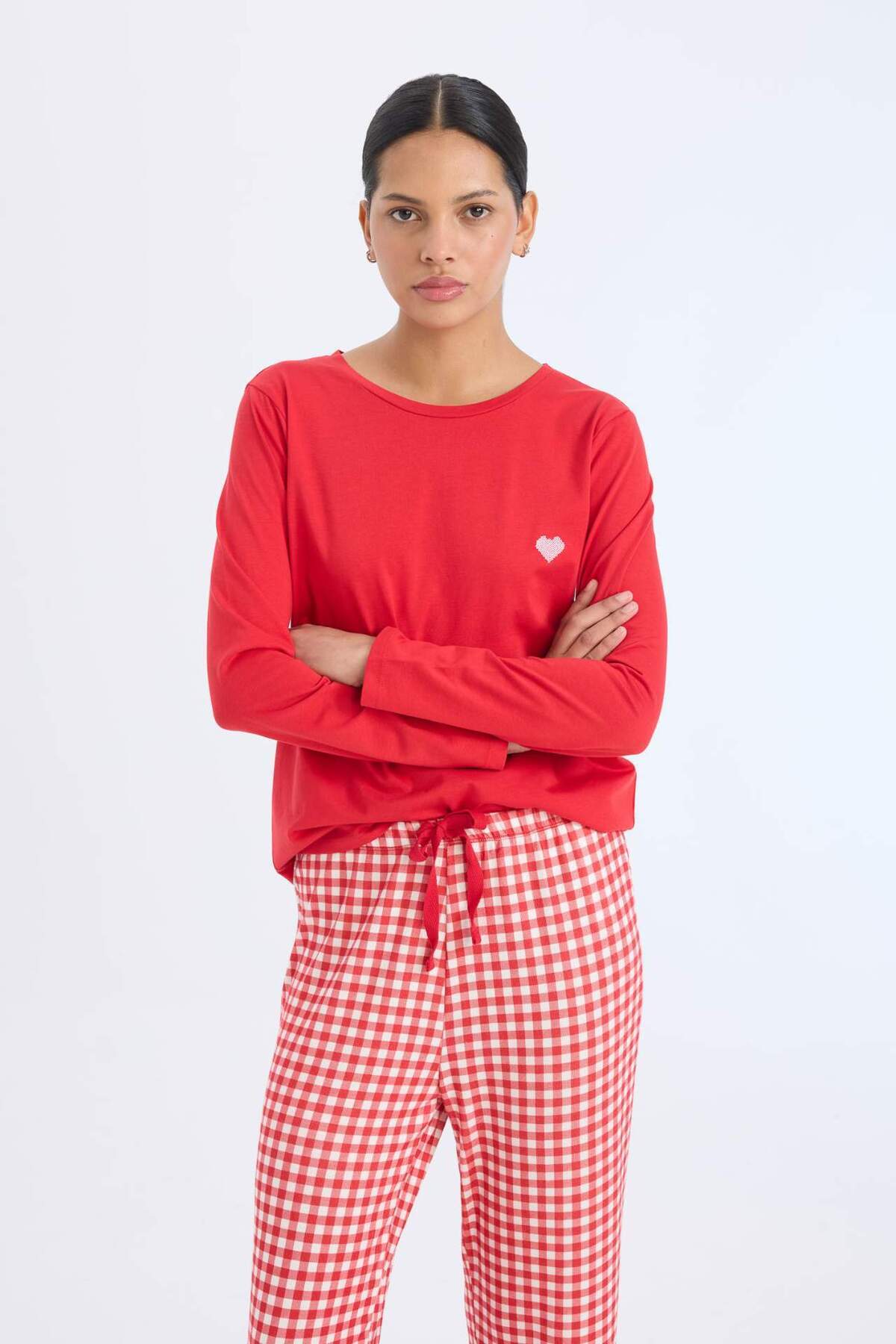 DeFacto-Pajama Sets Regular Fit Long Sleeve Top Checked Long Bottom-Fall in Love D2303Ax24Wn 3