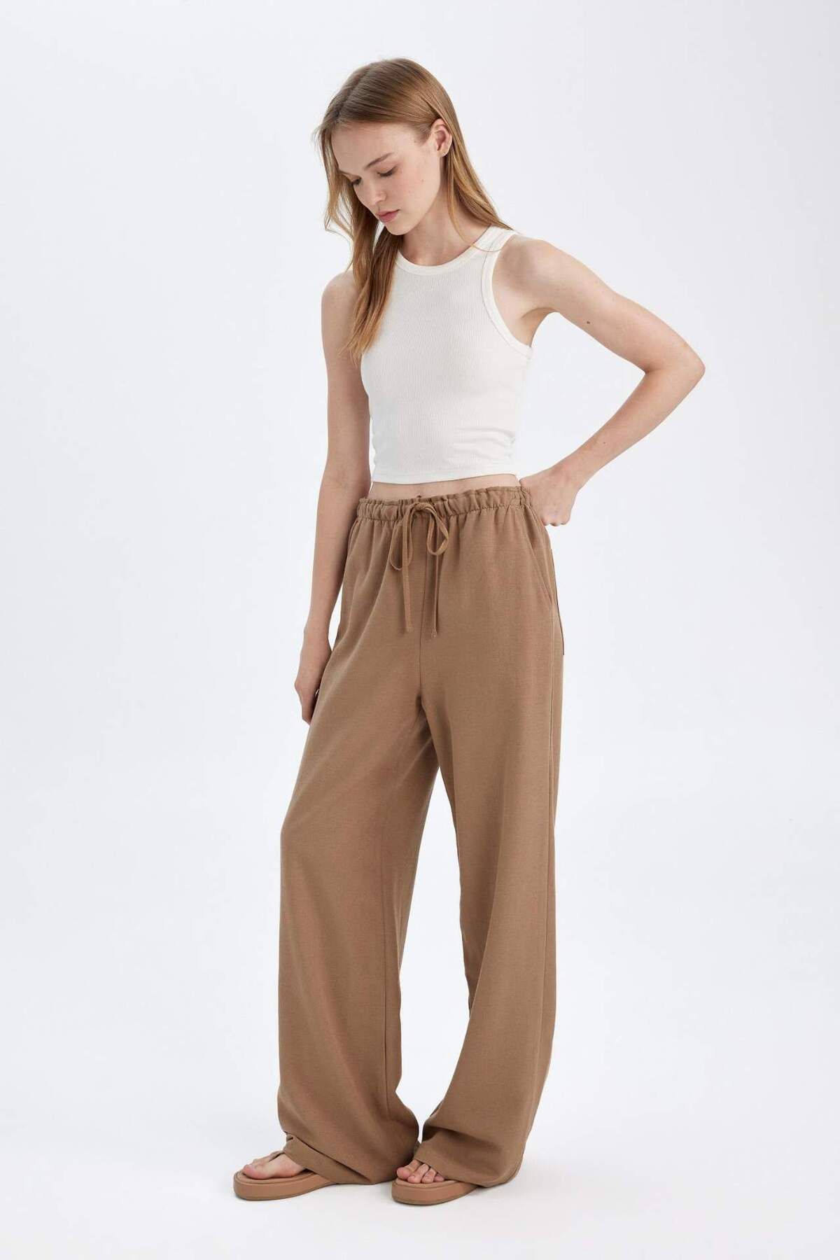 DeFacto-Linen Blend Pants Wide Leg Wide Loose Leg Three Pockets Regular Waist Basic Straight Standard Size C4545Ax 4