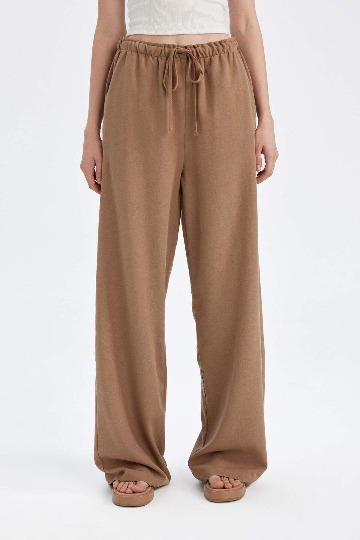 DeFacto-Linen Blend Pants Wide Leg Wide Loose Leg Three Pockets Regular Waist Basic Straight Standard Size C4545Ax 5