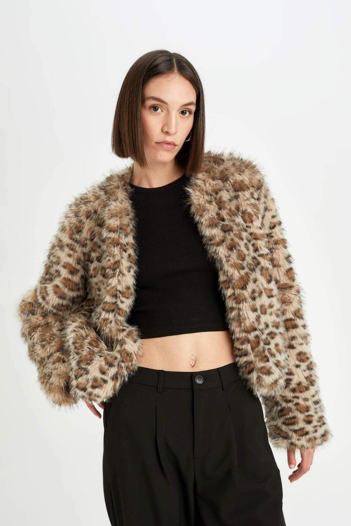 DeFacto-Regular Fit Leopard Print Faux Fur Jacket Coat D6650Ax24Wn 6