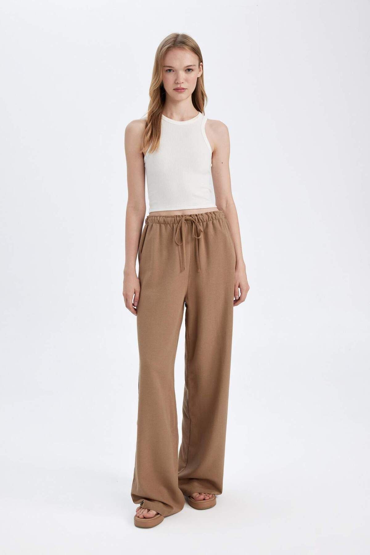 DeFacto-Linen Blend Pants Wide Leg Wide Loose Leg Three Pockets Regular Waist Basic Straight Standard Size C4545Ax 1