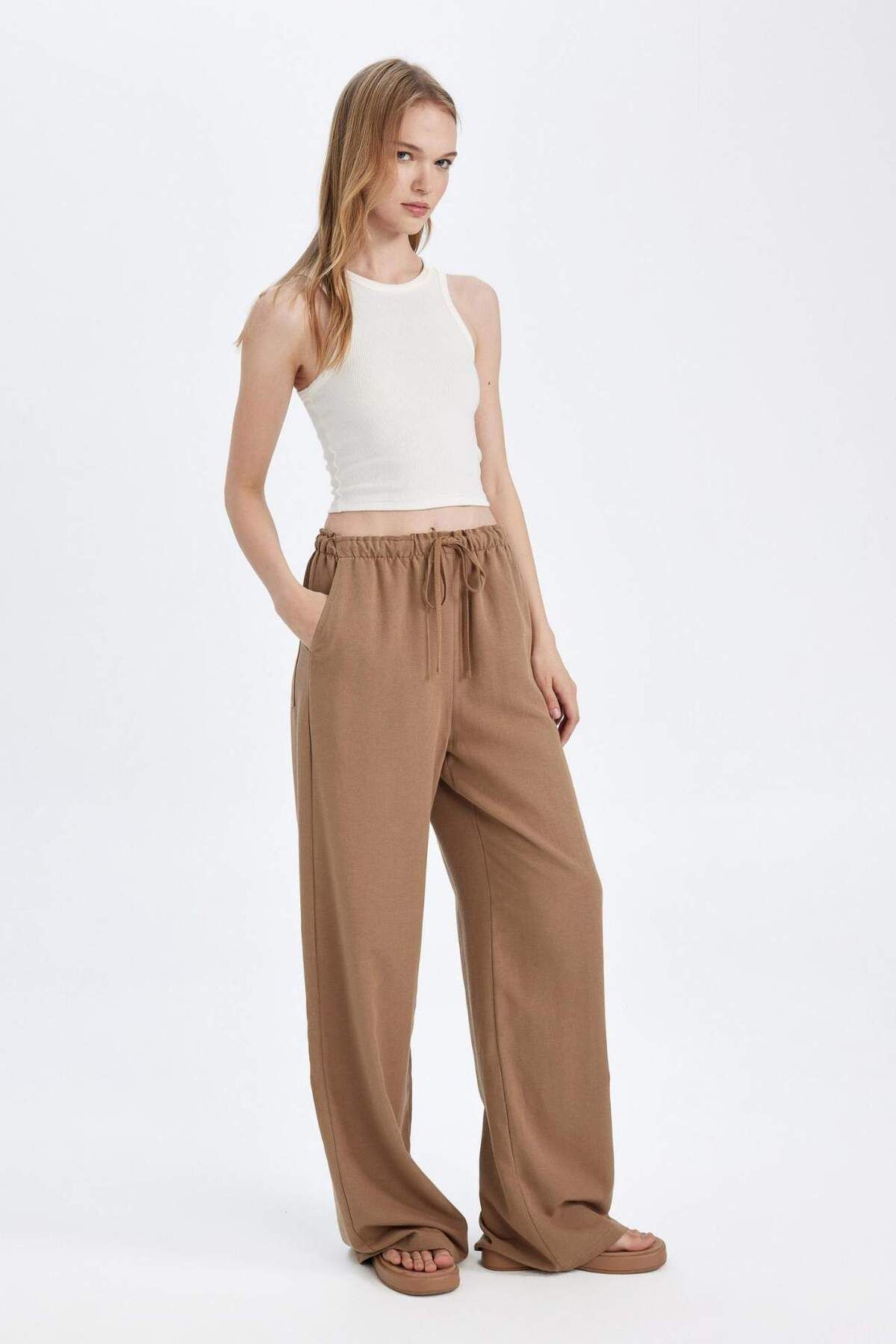 DeFacto-Linen Blend Pants Wide Leg Wide Loose Leg Three Pockets Regular Waist Basic Straight Standard Size C4545Ax 2