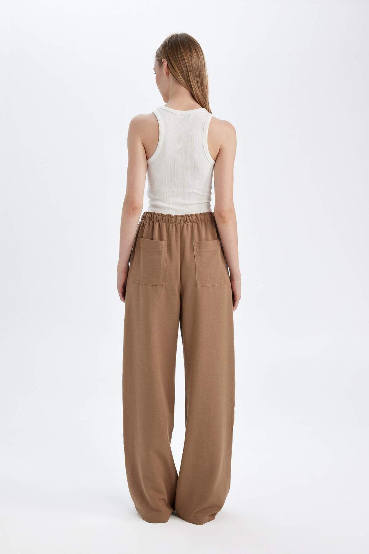 DeFacto-Linen Blend Pants Wide Leg Wide Loose Leg Three Pockets Regular Waist Basic Straight Standard Size C4545Ax 8