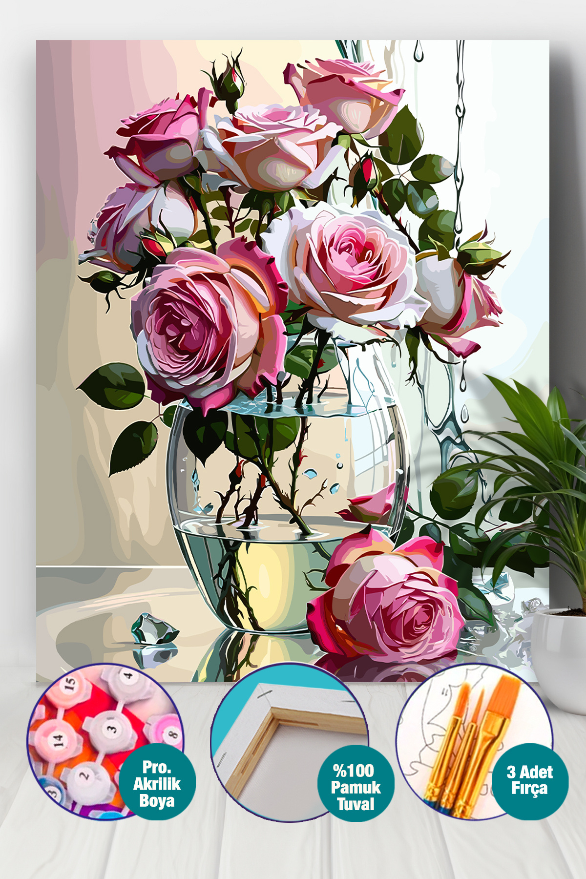 Picasso World Hobby Art Sayılarla Boyama Numaralı Tuval Seti Fırça Boya Dahil 40x50 Cm Vazoda Güller