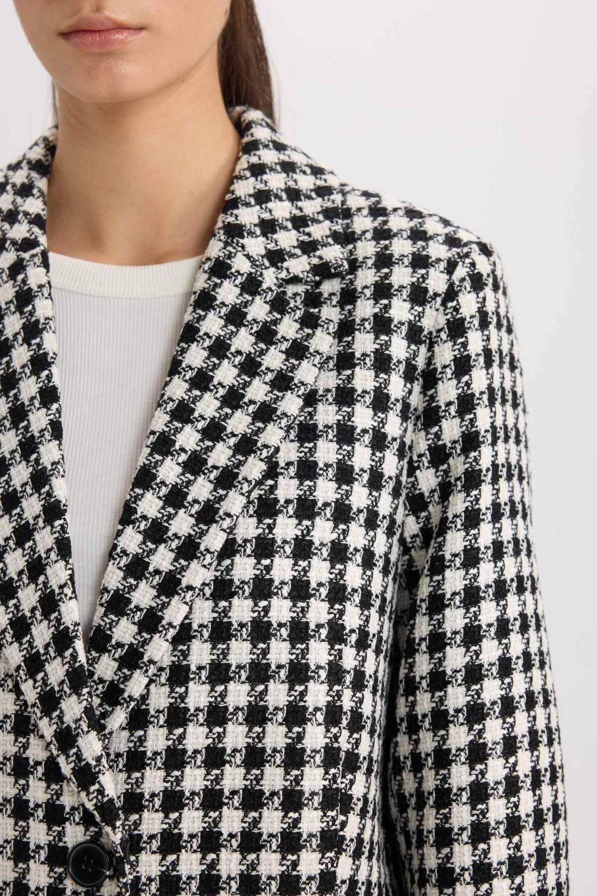 DeFacto-Oversize Wide Fit Jacket Lapel Buttoned Tweed Pattern Blazer Jacket V2814Az24Au 5