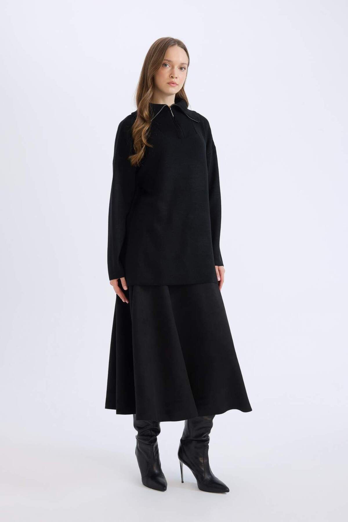 DeFacto-A-Line Basic Plain Suede Midi Skirt E5405Ax24Wn 3