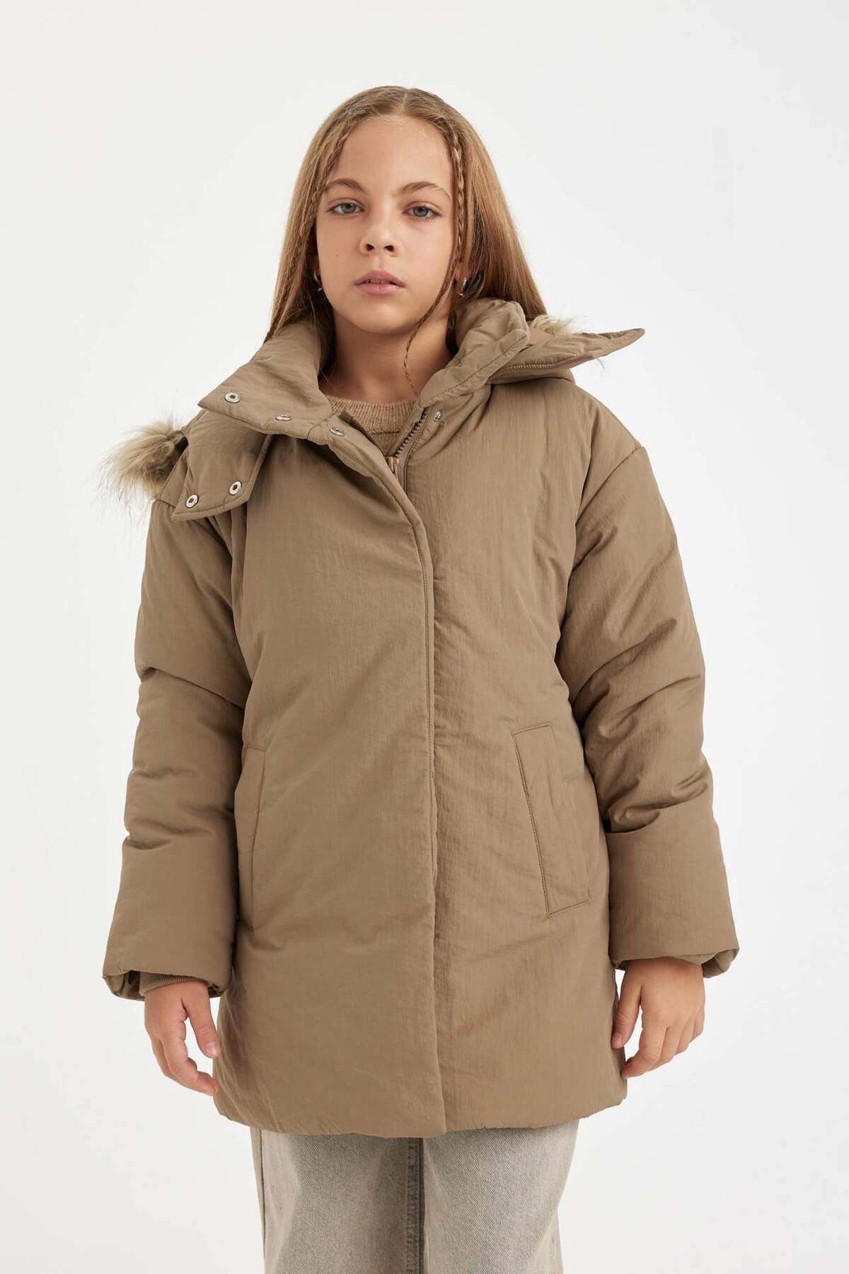 DeFacto-Girl's Removable Faux Fur Collar Hooded Parka C8515A824Au 4