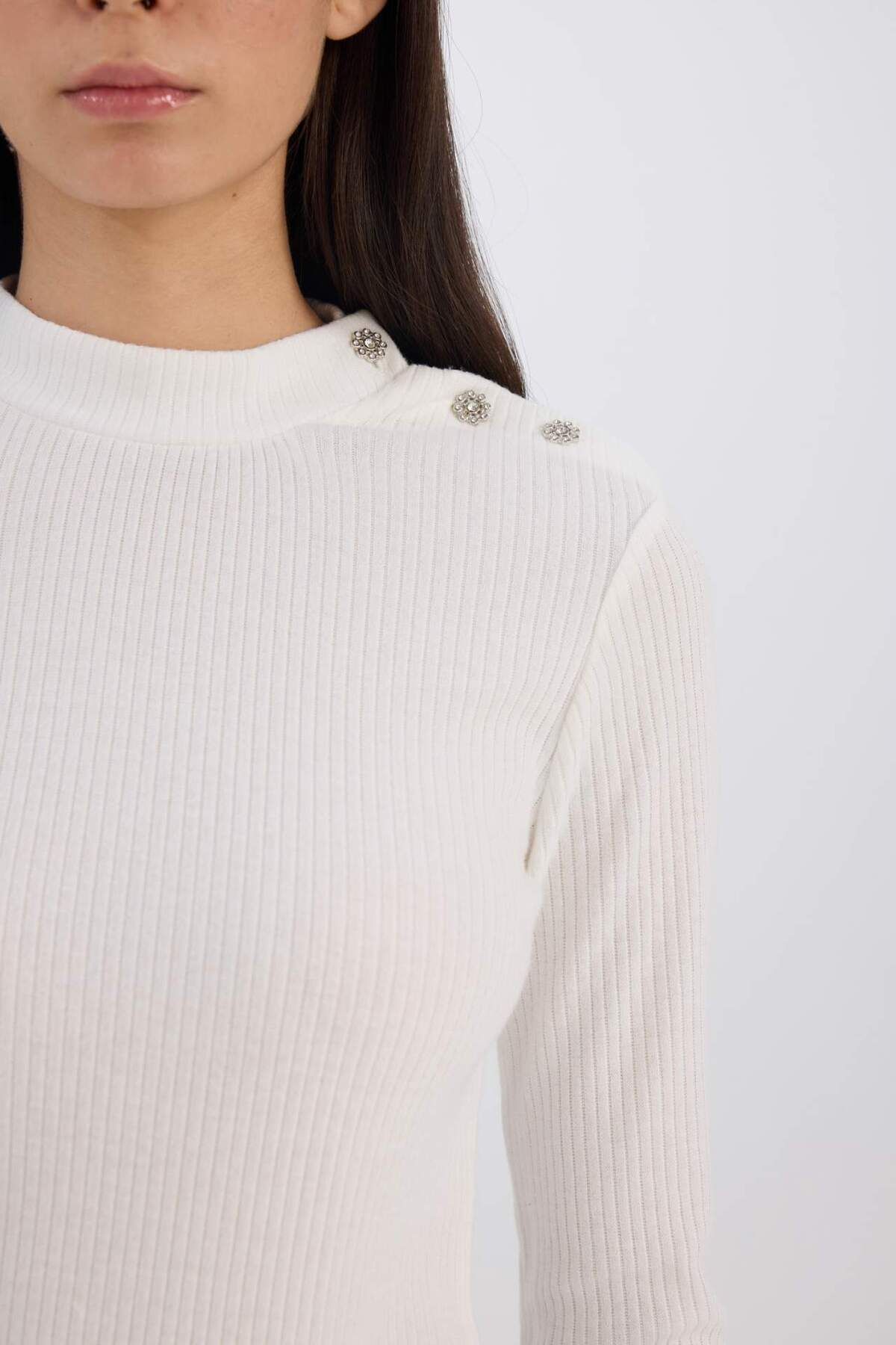 DeFacto-Slim Fit Tight Half Turtleneck Ribbed Camisole Long Sleeve T-Shirt D9499Ax24Wn 5