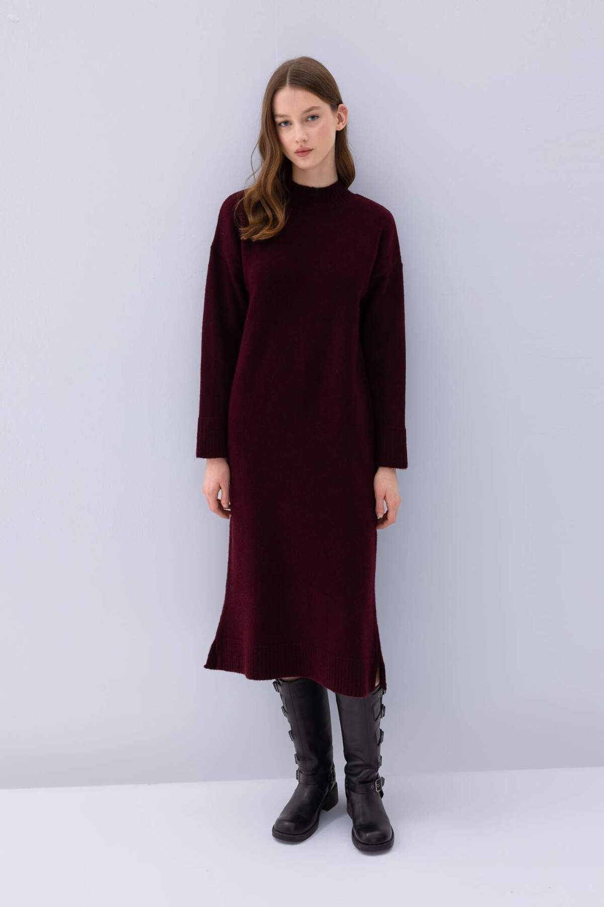 Relax Fit Yarım Balıkçı Yaka Midi Triko Bordo Elbise D8596ax24wn