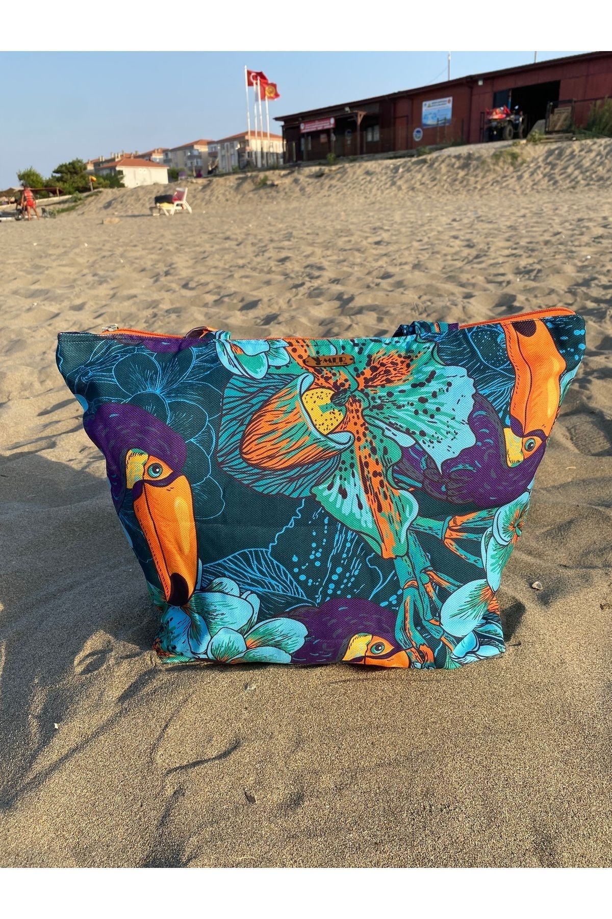 MER HOME-Tropical Patterned Zippered Lined Beach Bag with Toucan Bird Daily Shoulder Bag 3