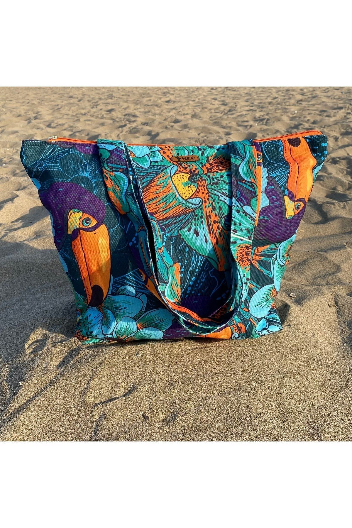 MER HOME-Tropical Patterned Zippered Lined Beach Bag with Toucan Bird Daily Shoulder Bag 2