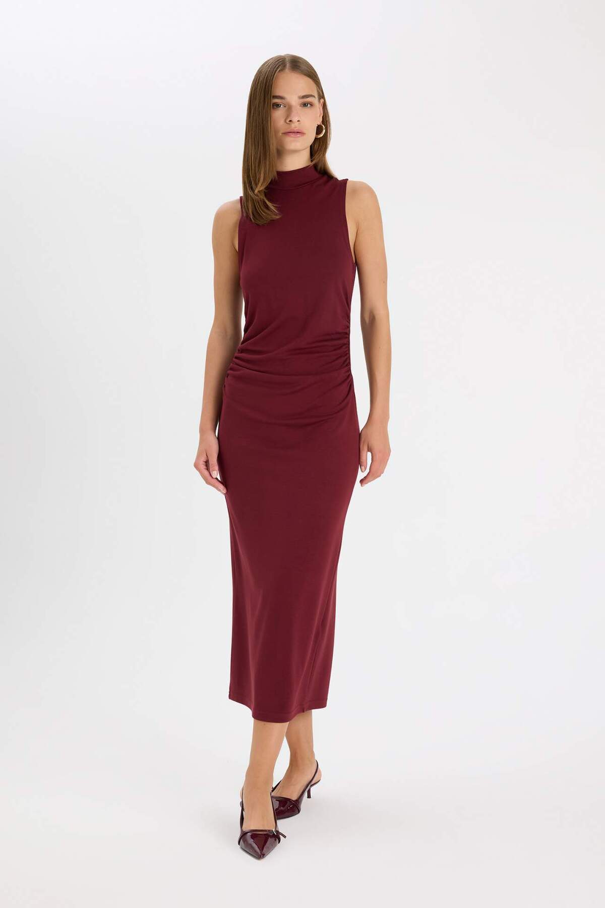 DeFacto-Bodycon Bodycon Basic Αμάνικο μάξι μπορντό φόρεμα με μισό ζιβάγκο D5067AX24AU 3