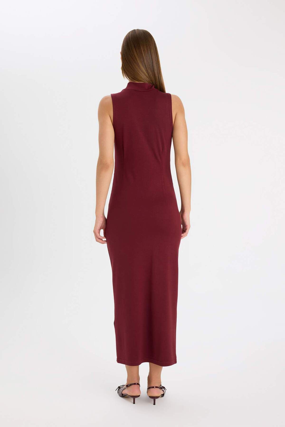 DeFacto-Bodycon Bodycon Basic Αμάνικο μάξι μπορντό φόρεμα με μισό ζιβάγκο D5067AX24AU 6