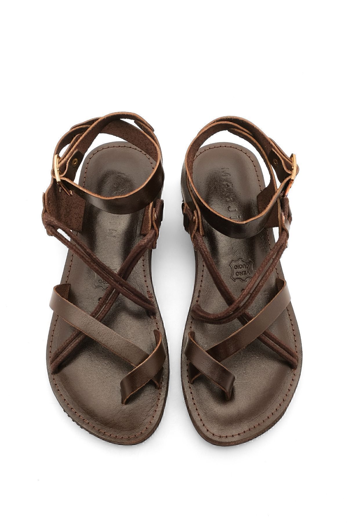 Marjin-Damen Echtleder Accessoire Eva Sohle Flip Flop Kreuz Seil Detaillierte Täglichen Sandalen Rivade Braun 7