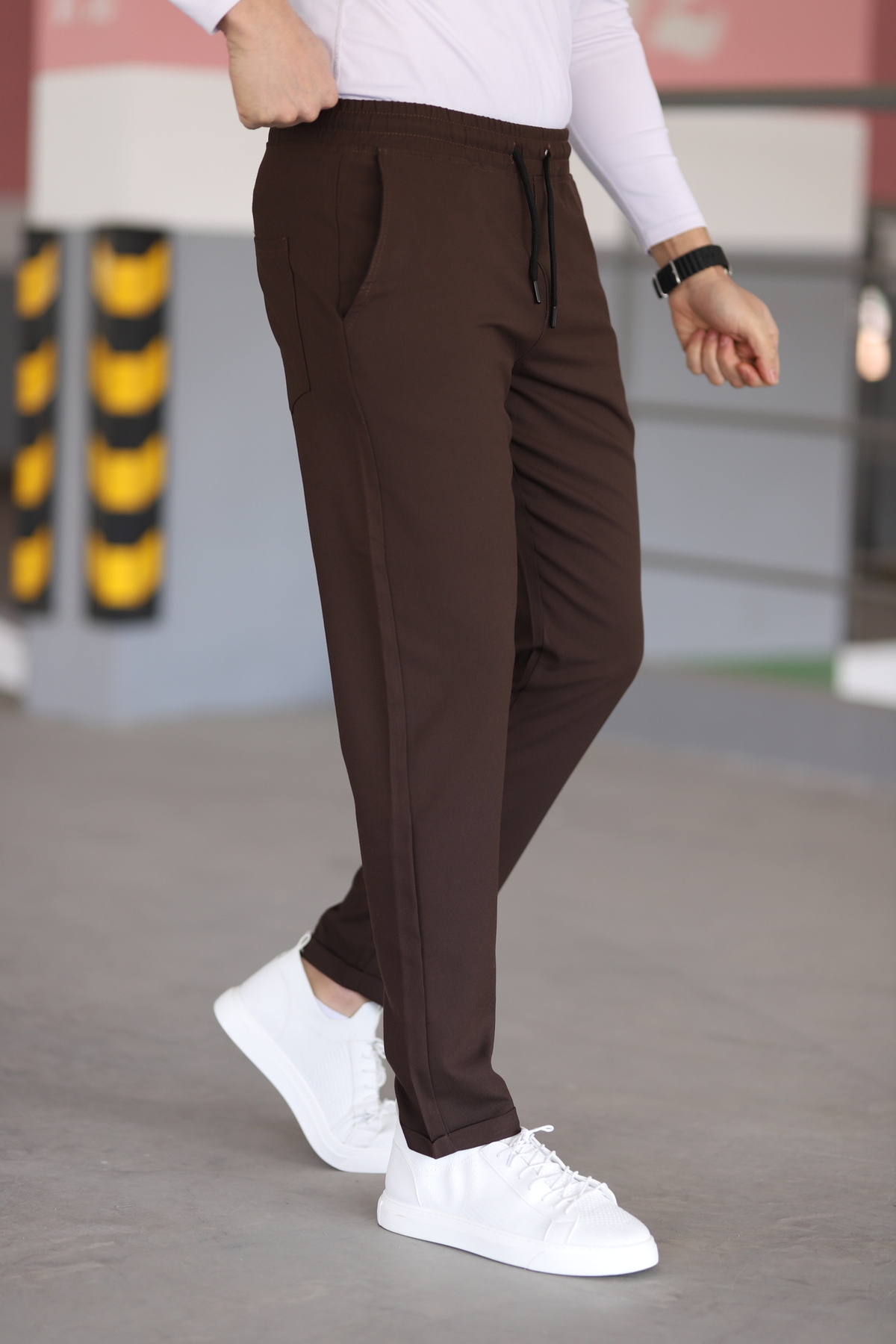 hello7  Erkek Kahverengi Dar Kesim Likralı Duble Paça Jogger Pantolon - Görsel 3