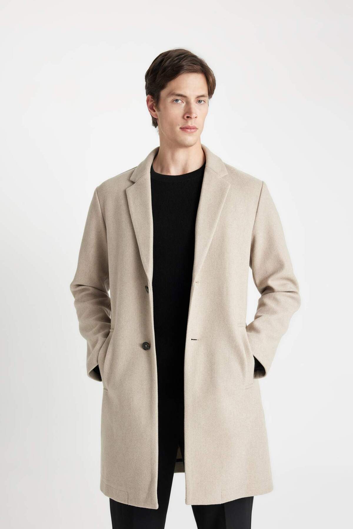 DeFacto-Herren Nerz Relax Fit Jacke Revers geknöpft Tasche Kaschmir Mantel Parka Y8903AZ24AU 4