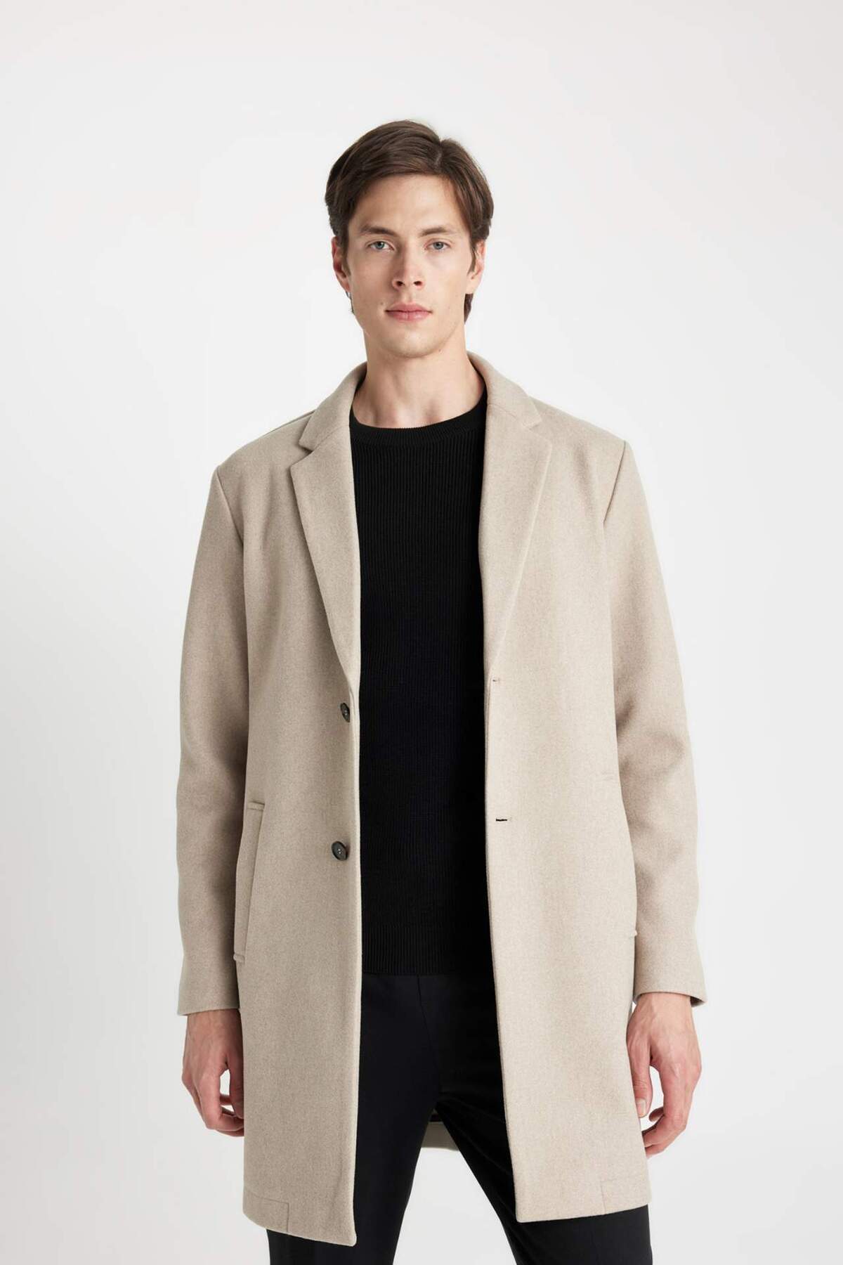 DeFacto-Herren Nerz Relax Fit Jacke Revers geknöpft Tasche Kaschmir Mantel Parka Y8903AZ24AU 1