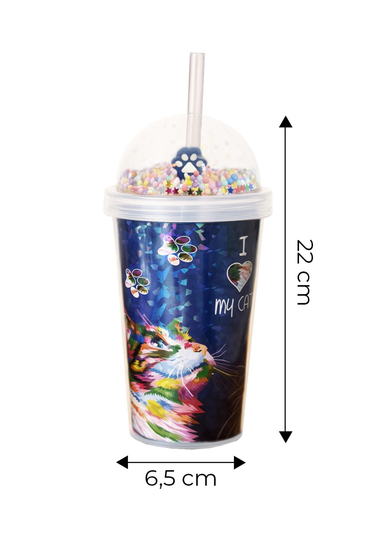 Kitchen Life-Hand-Non-Burning Double Layer Neon Cat Patterned Sparkling Glass with Straw 600 ml – Fun Drink Cup 2